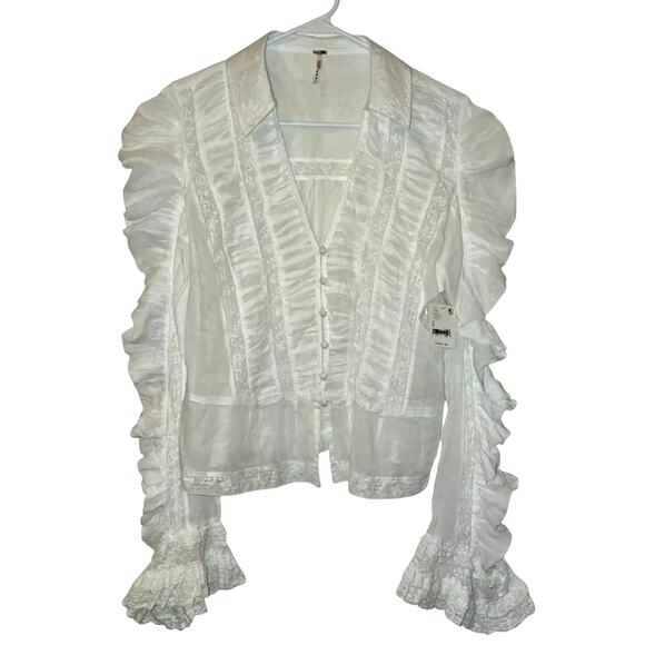 New Free People Penelope Long Sleeve Lace Button Blouse $168 MEDIUM Ivory - Picture 5 of 8